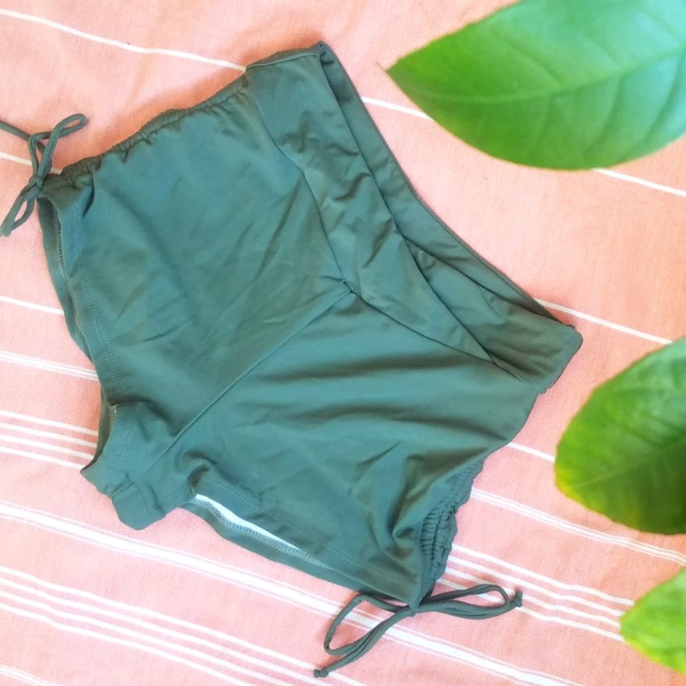 New! Forest Green Side-Tie, Ruched Bikini Shorts - Workout Shorts - Size Small